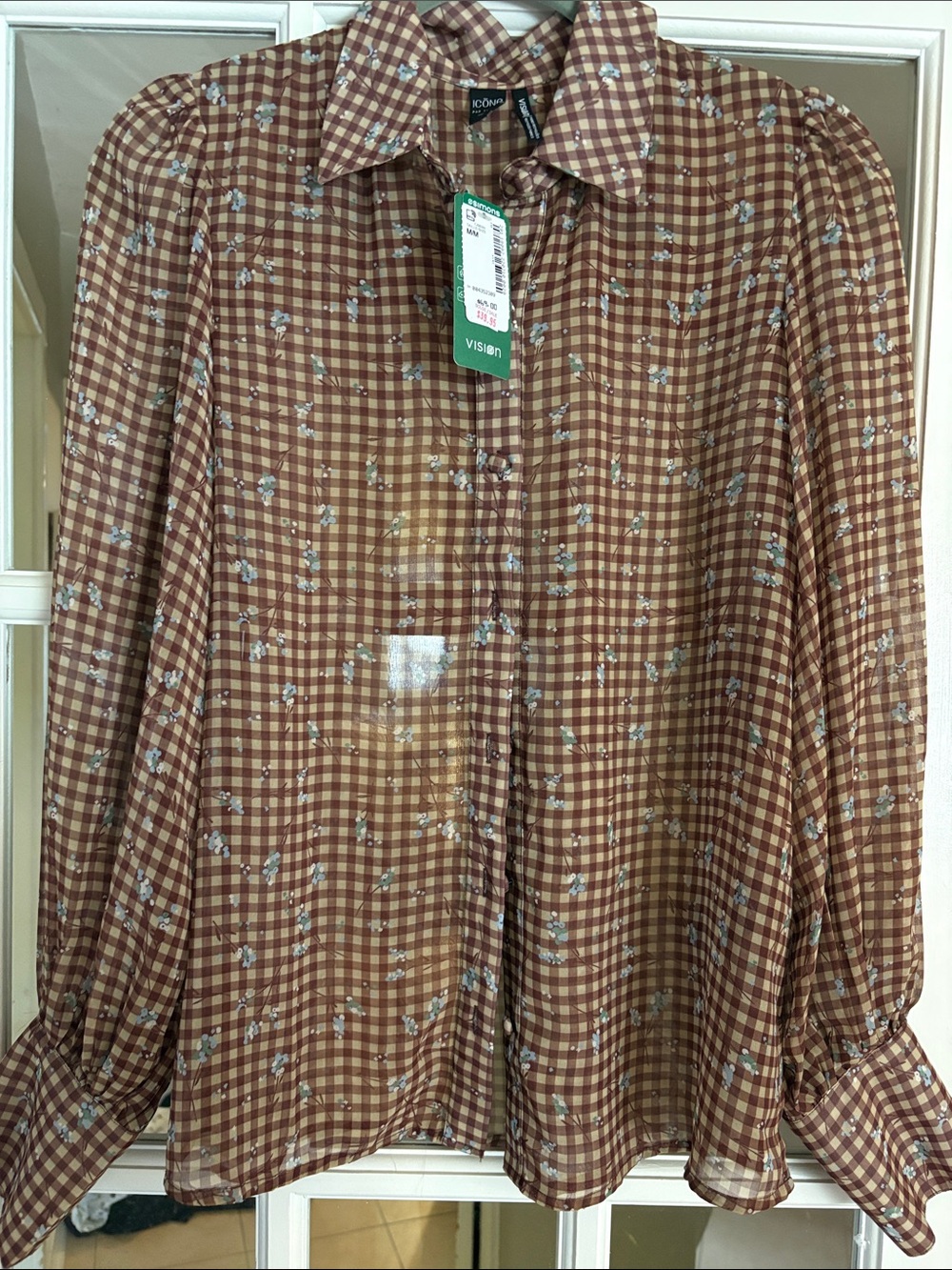 Simons Brown and Cream Gingham Shirt with Tiny Floral Print